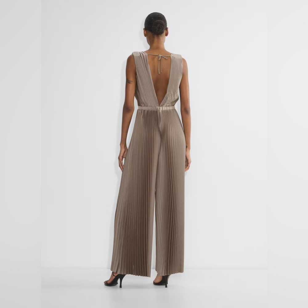 Aritzia Babaton Mutual Satin Taupe Pleated Formal Wedding Guest Party Jumpsuit 2